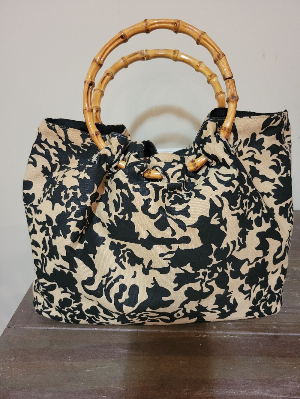 Vintage Canvas Hanbag With Bamboo Handles